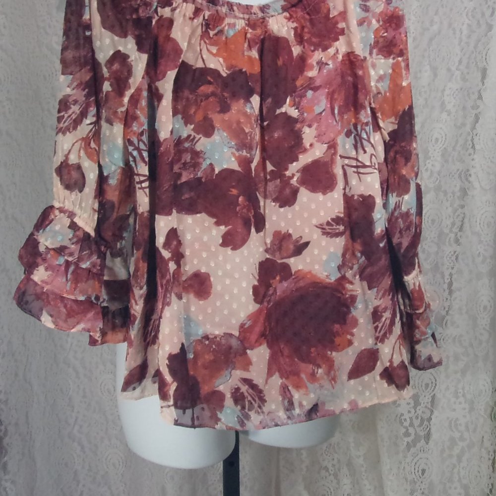 Cut Dot Woven Blouse Off Shoulder Tie In Elderberry Wine Blush Floral Print - Picture 2 of 3
